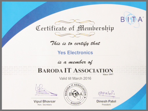 Certificate of Membership with Baroda IT Association
